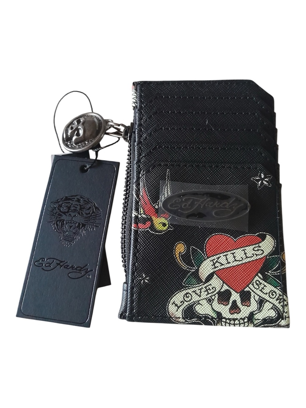 ED HARDY Y2K Black Tattoo-Print Card Holder Loves Kill Slowly with Skull Charm